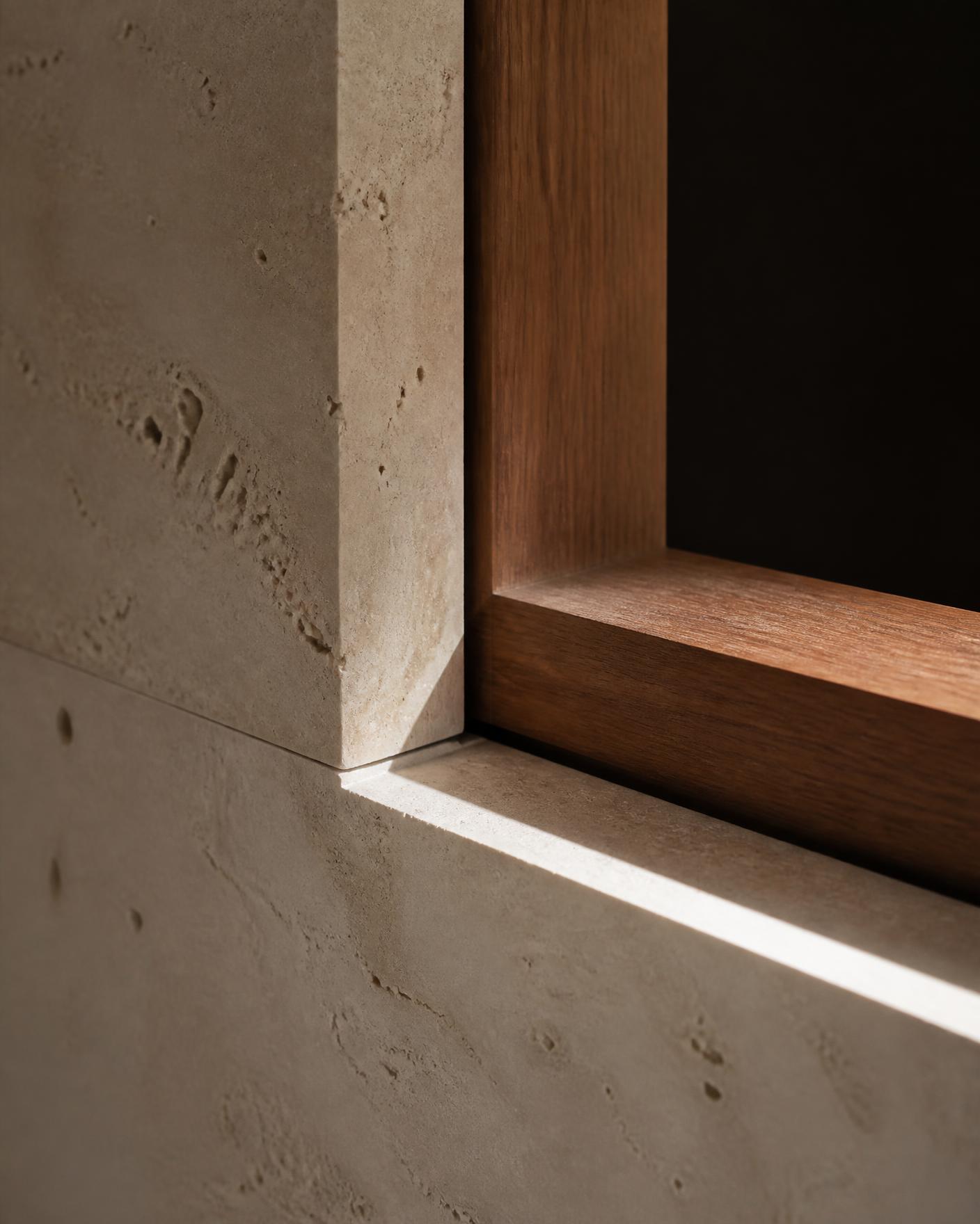 Detalle arquitectónico de travertino y madera con luz rasante