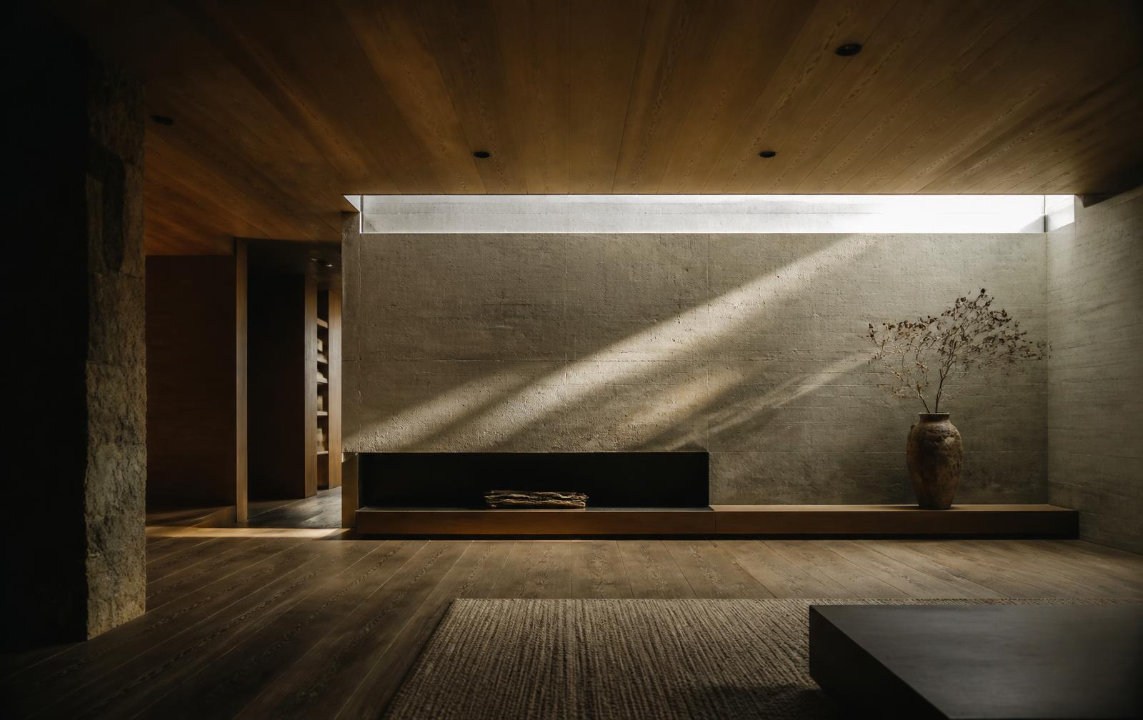 Interior minimalista con techo de madera y muro de concreto atravesado por luz natural